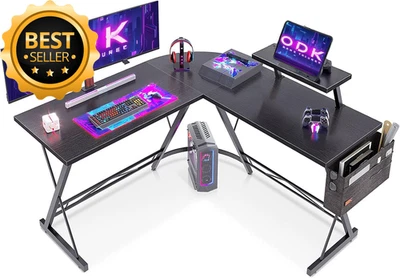 L-Shaped Gaming Desk 127CM Corner PC Table w/ Monitor Stand & Headphone Hook