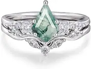 [Wasee] Natural Moss Agate Ring Set 925 Sterling Silver Kite Cut Moss Agate Engagement Ring Leaf Wedding Promise Ring Jewelry for Women