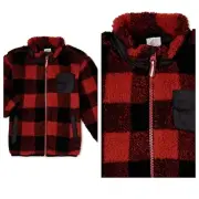 Wonder Nation Boys Outerwear Faux Plaid Red Black Sherpa Full Zip Jacket SZ XS