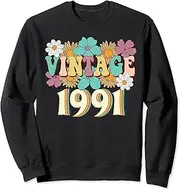 [X.Style] Vintage 1991 32 Year Old 32nd Birthday Decorations for Women Sweatshirt ds1855 Sweater (L) Black