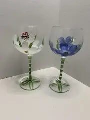ROYAL DANUBE BLOWN GLASS WINE BALLOON GLASS FLOWER BUTTERFLY-SET / 2-BLUE,WHITE