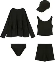 San-ai Resort(三愛水着楽園) Sanai Swimsuit Paradise 54-37-4-3710-393710 Women's Web Limited 5-Piece Set, UV Protection Tankini with Cap + Tiered Lash Set, Swimsuit, BeachQueen
