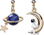[ZMJK] Creative Cartoon Asymmetrical Astronaut Blue Planet Stud Earrings for Women Charm Jewelry Cute Star Moon Earth Spaceman Drop Earrings
