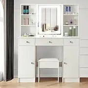 Vanity Desk with Mirror and LED Light Strip, White Makeup Vanity Dressing Table with 3 Drawers, 2 Cabinets & 3 Lighting Modes Adjustable Brightness, Bedroom Dresser Large Vanity Set