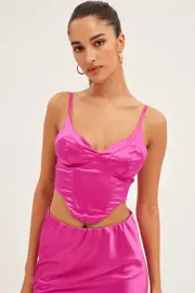 Pink Corset Top Sleeveless Sweetheart Crop Satin - Size 14, Women's Cami