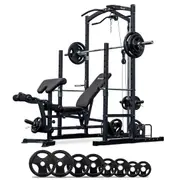 Power Rack With Lat Pulldown + Adjustable Bench + Olympic Barbell Weight Set