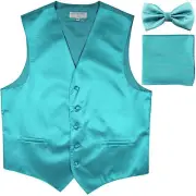New Men's Horizontal Stripes Tuxedo Vest Waistcoat_bowtie & HankieTurquoise blue
