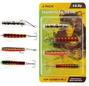 Tasmanian Devil Top Tassies No. 2 Freshwater Lure Pack 13g - 4pcs (2x Single Hook, 2x Treble Hook) - Hornet, Tequila Sunrise, Xmas Tree, Bright Red