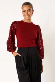 [PUP83] Rowan Sequin Sleeve Top - Burgundy S Red