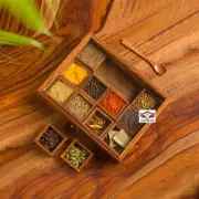 Wooden Masala Spice Box with Spoon Wood Box Set 12 Containers for Home Kitchen