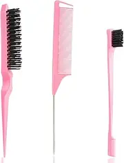 Slick Back Hair Brush, 3 Pcs Comb Set Edge Brush Bristle Hair Brush Rat Tail Comb, Curly Hair Brush, Styling Tools & Appliances, Hair Styling Tools, Parting Comb,Teasing Comb for Women Baby Pink