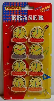 STATIONERY VTG 80's - ZHENGDA FUN SHAPE PENCIL ERASERS CLOCK SET OF 8 MOC SEALED