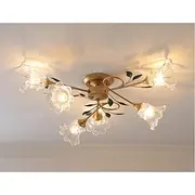 6/8/10-Light Floral Ceiling Light, Vintage Tulip Flower Semi-Flush Mount Ceiling Lamp, Gold Metal Branch with Frosted Glass Shades for Living Room, Bedroom