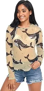 [RPLIFE] Black Whales Beige Mesh Top Women Long Sleeve, Transparent Tops for Women Sexy S-XXL
