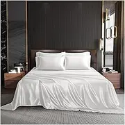 Satin Flat Sheet Only Twin Queen King Extra Soft Washed Silk Top Sheet Silky Smooth Cool Feeling Flat Bed Sheets(White,230x250cm)