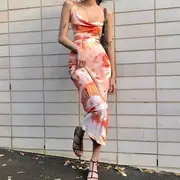 Tie-Dyed Open-Back Spaghetti-Strap Maxi Sheath Dress Tangerine - L
