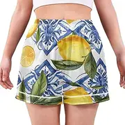 [RPLIFE] Girls Sicilian Style Boxer Shorts Lemon Blue with Blue Flowers Cute Pajama Shorts with Pockets S-XXL
