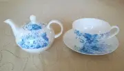 VINTAGE SET ASHDENE FINE BONE CHINA BLUE FLORAL CUP SAUCER & TEAPOT / COFFEE POT