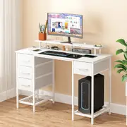 120cm Advwin RGB LED Computer Desk with Power Outlets Monitor Stand Study Table Workstation with Removable Storage Drawers White