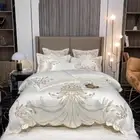 4/6Pcs White Gray Sateen Gold Embroidery Luxury Satin Cotton Bedding set Double
