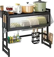 3 Tier Over Sink Dish Rack Steel Dish Drainer Dish Drying Rack with Lid Kitchen Counter Storage Organization Adjustable Length 90-95cm