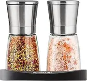 Salt and Pepper Grinder Set with Silicon Stand - Premium Pair of Salt & Peppercorn Mills with Adjustable Ceramic Coarseness - Brushed Stainless Steel and Glass Body Shakers