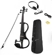 FANGXIN Electric Violin 4/4 Full Size, Black Silent Electric Violins, Solid Wood Metallic Electronic Violin Kit with Ebony Fittings for Beginner Adults Teens