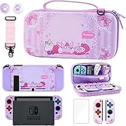 GLDRAM Purple Cartoon Cat Carrying Case for Nintendo Switch Bundle, Cute Portable Accessories Kit with Switch Travel Storage Bag, Soft TPU Protective Skin Cover, Screen Protector, Strap & 2 Thumb Caps