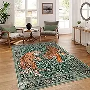 Moynesa Tiger 5x7 Area Rug, Boho Washable Living Room Rug, Non Slip Green Rugs for Bedroom, Ultra Thin Vintage Soft Stain Resistant Throw Floor Carpet for Office Dining Room