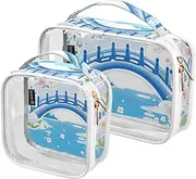 2 Pack Blue-white Landscape clear decorative hanging toiletry travel TSA approved portable cosmetic bags with zipper travel essential maquillaje, Blue-white landscape, 1 size
