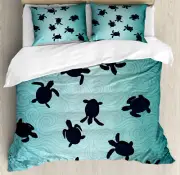 Ocean Duvet Cover Set with Pillow Shams Baby Turtles Deep Sealife Print