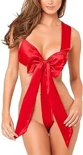 [NewBull] Women's Sexy Satin Unwrap Me Babydoll Lingerie Bowknot Teddy Bodysuit Underwear One Piece Backless Nightwear Red Big Bow Gift Naughty Sleepwear for Ladies Valentine's Day Christmas Outfit