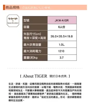 【日本製】TIGER虎牌6人份長米專家剛火IH電子鍋(JKW-A10R) (3.8折)