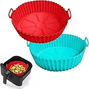 2 Pack Air Fryer Silicone Liners Pot for 3 to 5 QT, Air Fryer Silicone Basket Bowl, Replacement of Flammable Parchment Paper, Reusable Baking Tray Oven Accessories, Red+Blue, (Top 8in, Bottom 6.75in)