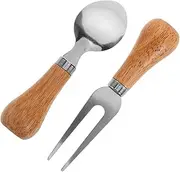 Generic 1 Set Portable Camping Utensil Set with Wooden Handle Compact Stainless Steel Fork and Spoon for Outdoor Activities for Hiking and Backpacking Adventures