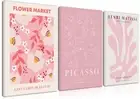 Matisse Picasso Pink Canvas Wall Art Framed Set of 3 Abstract Flower Market P...