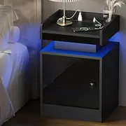 Oikiture Bedside Table with LED Light and Charging Station Bed Side Table Black