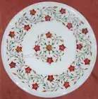Gemstone Inlay Work Reception Side Table Top Round White Marble Coffee Table