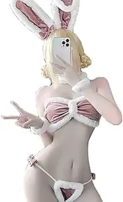 [JasmyGirls] Sexy Bunny Cosplay Lingerie Naughty Maid Costume Kawaii Anime Micro Bikini Babydoll Outfit Furry Velvet Bra Panty Set, Pink