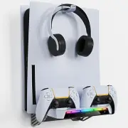 For PS5 Slim Console Charger Wall Mount Holder Headset Hanger with RGB Light Bar