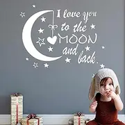 I Love You to The Moon and Back Wall Decal Moon and Stars Vinyl Wall Sticker Baby Nursery Removable Wall Art Decor Kids Girls Bedroom Wall Decals Quote (White) DDK12