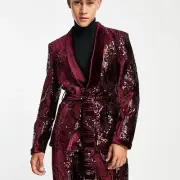 NWT - ASOS DESIGN Skinny Smoking Suit Jacket Red Sequin Statement Piece Size 50”