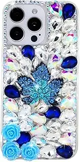 [Ymyhyuxi] Cases for Samsung Galaxy A14 Case Bling Diamond 3D Luxury Sparkle Glitter Crystal Rhinestone Maple Leaves Cover （Blue）