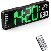 ORIA 13" Digital Wall Clock, Large Display LED Alarm Clock with Remote Control, Big LED Wall Desk Clock with Temp & Date, Adjustable Brightness, Countdown/Up, DST Function, for Home, Office -Green