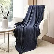 CREVENT Farmhouse Waffle Knit Throw Blanket for Couch Sofa Chair Bed Home Decoration, Soft Warm Cozy Light Weight for Spring Summer Fall (127x152cm Navy Blue)