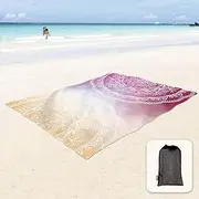 Sunlit Silky Soft Boho Sand Proof Beach Blanket Sand Proof Mat with Corner Pockets and Mesh Bag 6' x 7' for Beach Party, Travel, Camping and Outdoor Music Festival, Orange Purple Mandala
