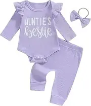 [NZNDSHD] Auntie Baby Clothes Girl Fall Winter Ribbed Knit Outfit Long Sleeve Romper Bodysuit Elastic Pants Headband Set