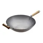 Pyrolux Large Wok Professional Carbon Steel Chinese Wok Wood Handle Flat Base
