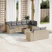 10 Piece Garden Sofa Set with Cushions Beige Poly Rattan - Outdoor Patio Furniture Set with Table & Chairs, Wicker Seat for Balcony, Terrace, or Backyard, Small Space Modular Design