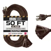 50 Ft Brown Outdoor Extension Cord with 3 Outlet Pigtail, 16/3 SJTW Weatherpr...